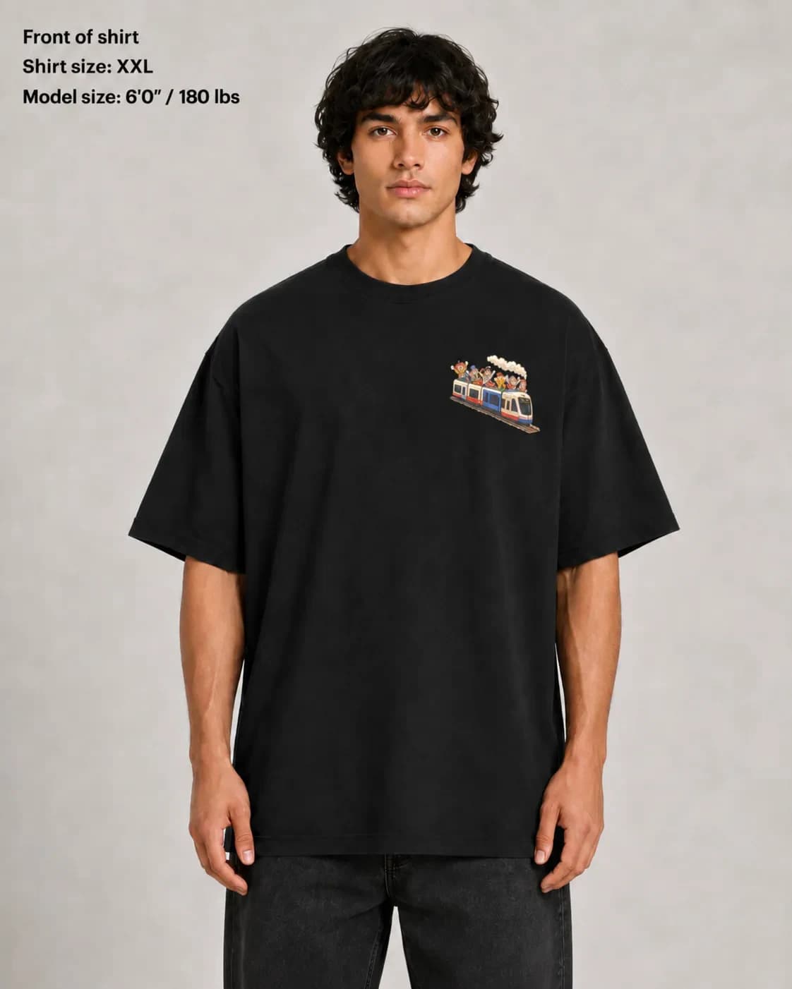 Front mockup of the black Most Optimistic T-shirt with a small train and clown artwork on the chest